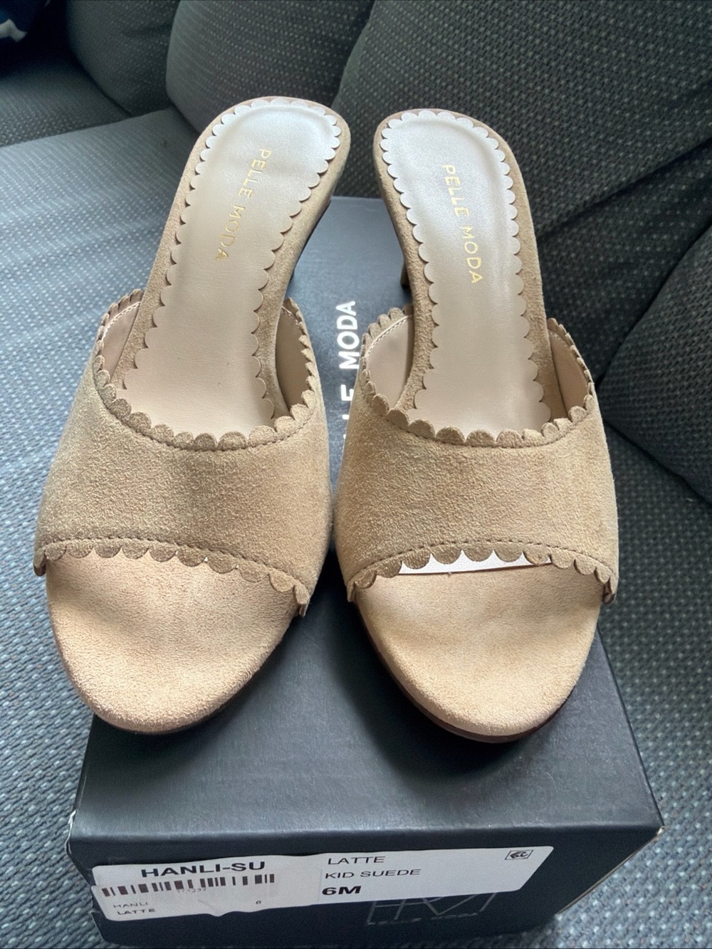 Pelle Moda Latte Suede Scalloped Slide Mules